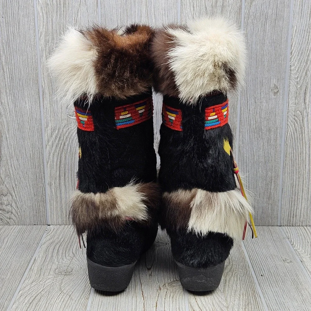 Tecnica‎ Vintage Goat Fur Apres Ski Boots Made in Italy Black Brown EU 39 US 8.5
